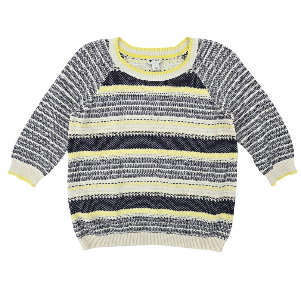 Stylus Large Womens 3/4 Sleeve Sweater Navy Yellow Cream Striped Cotton Preppy